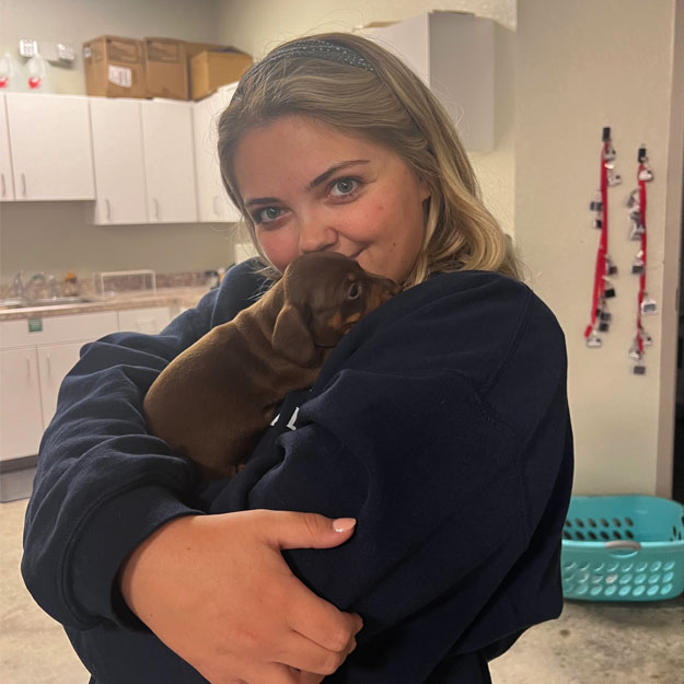 Veterinarian holding a puppy corner of modern building